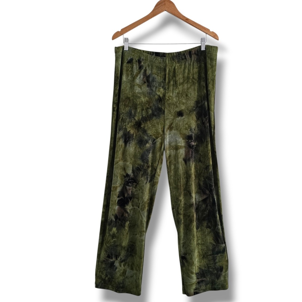 Carole Little Pants 1X Wide Leg Slinky Elastic Waist Green Earthy Y2K 90s Grunge